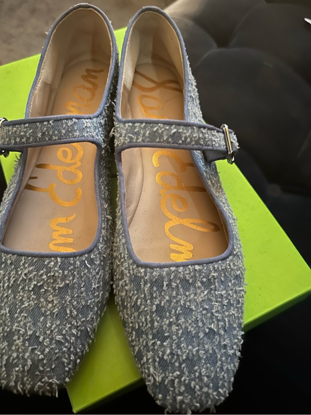 Sam Edelman Powder Blue Tweed Mary Jane Flats with Silver Buckle
